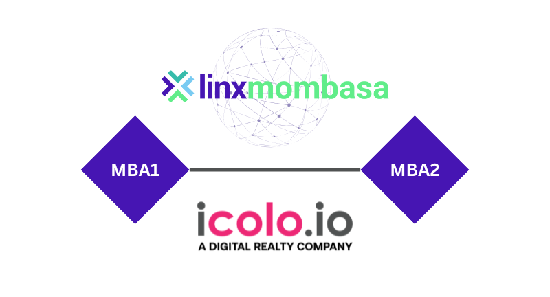 LINX Mombasa network map showing two iColo data centre locations, MBA1 and MBA2.