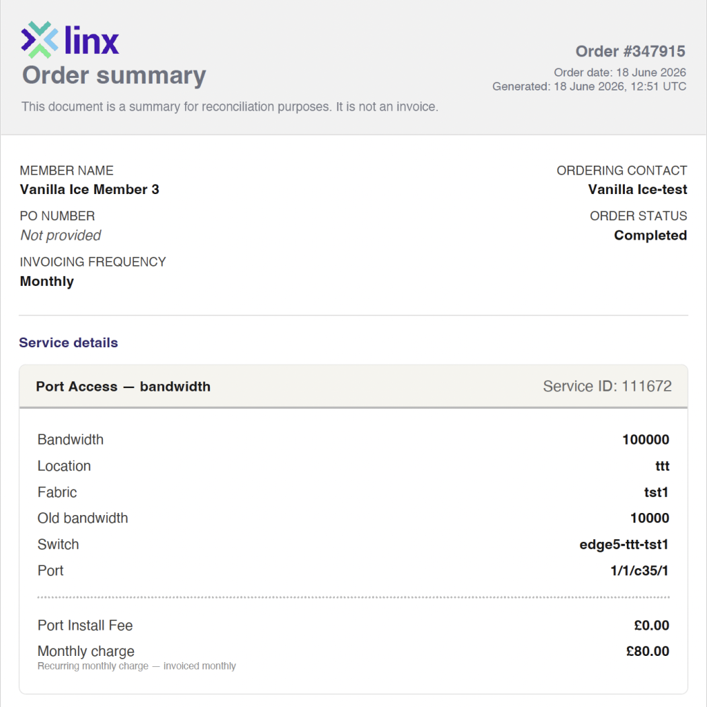 LINX Portal order summary